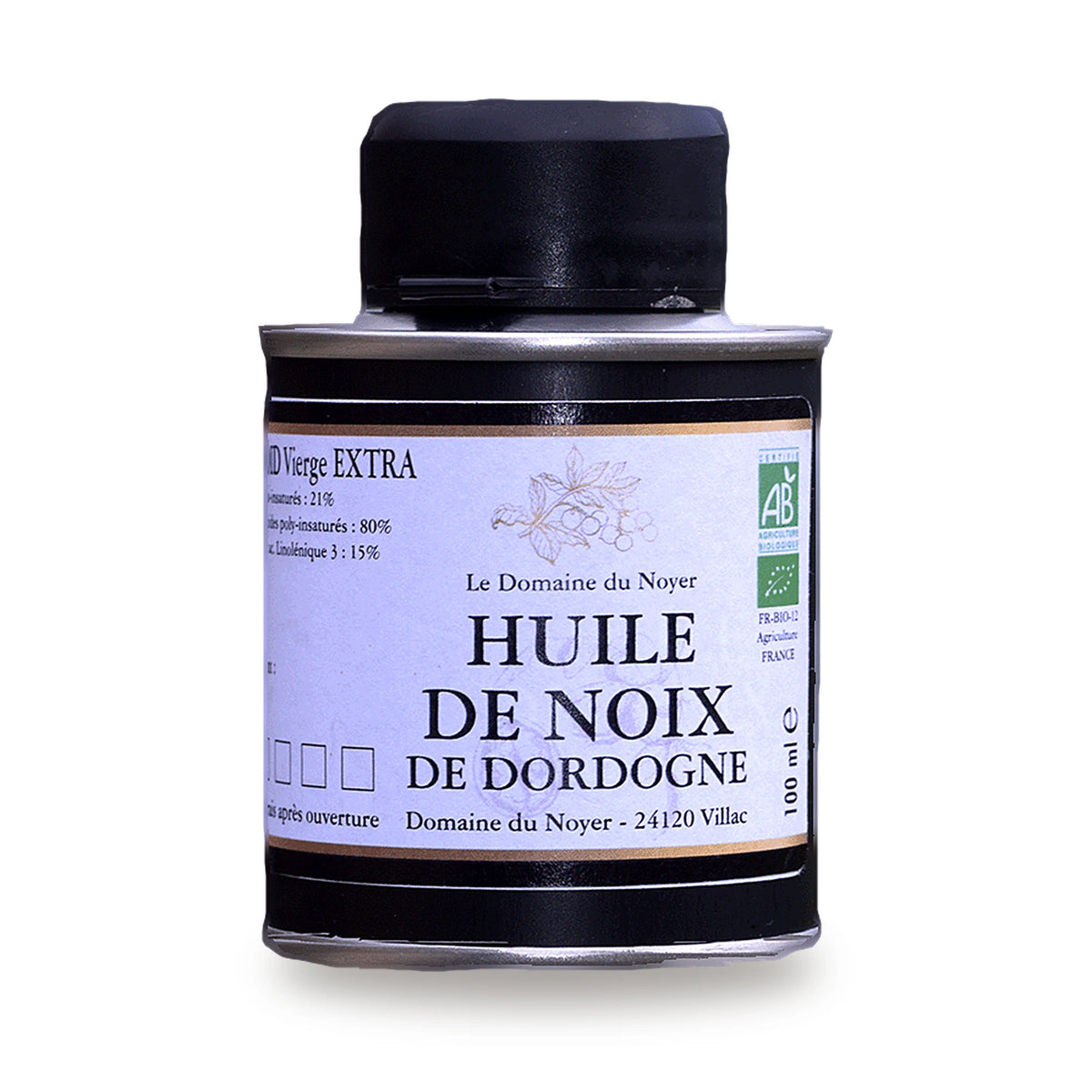 Bidon d'huile de noix bio 100 ml du Domaine du Noyer, première pression à froid